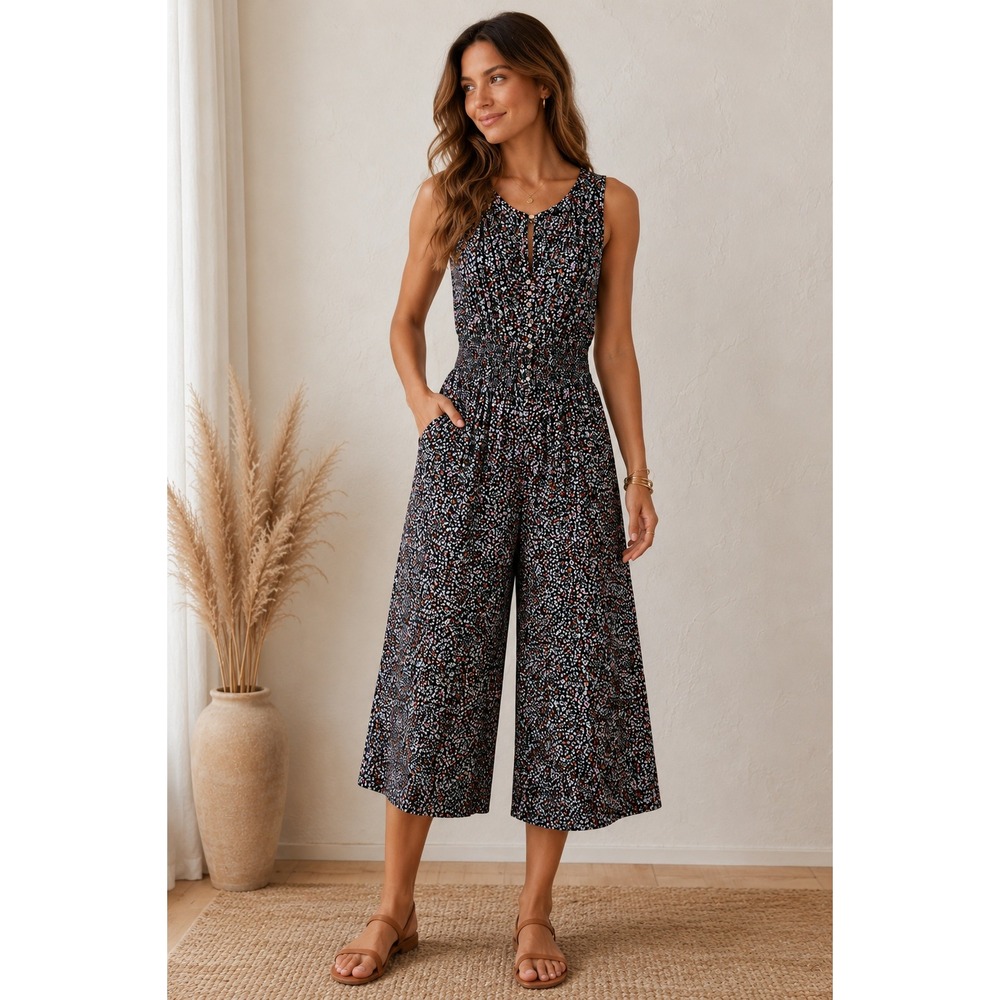 Black Tape Jumpsuit Floral Rayon Smocked Wide Leg Boho Black Size XL‎